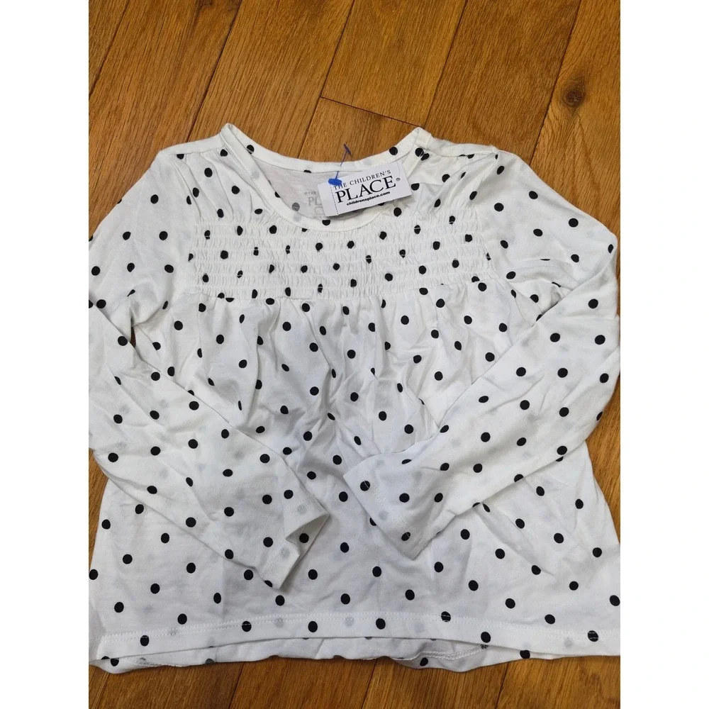The Childrens Place Girls White Black Polka Dot Smocked Long Sleeve Top 4T NEW